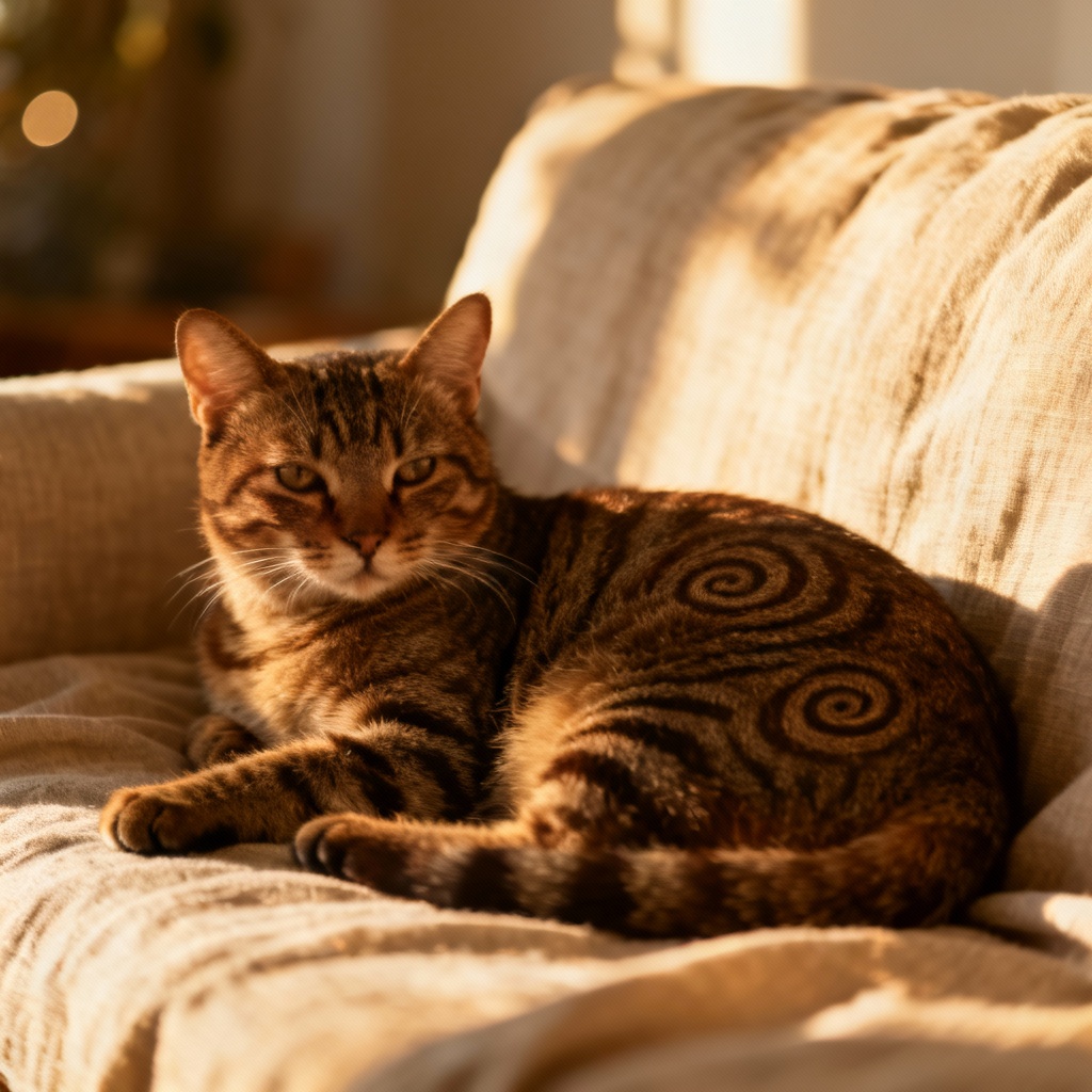 Classic brown tabby lounging on a sunlit couch