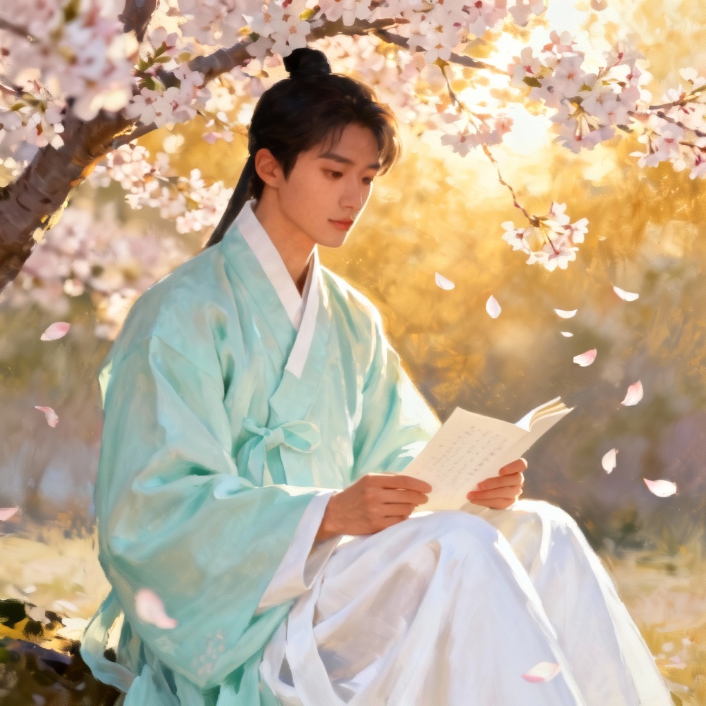 AI hanbok scholar under cherry blossoms