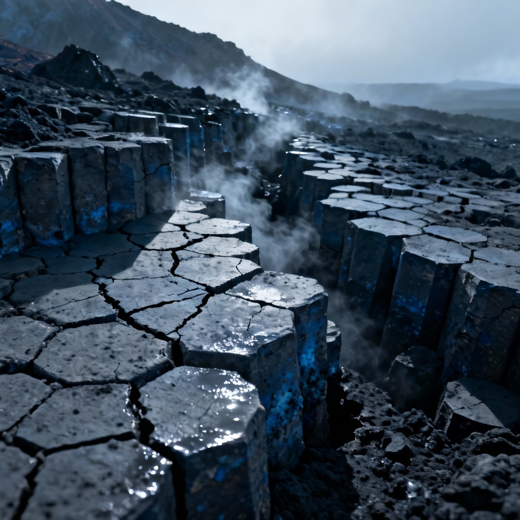 Dark basalt field with hexagonal fractures and steam