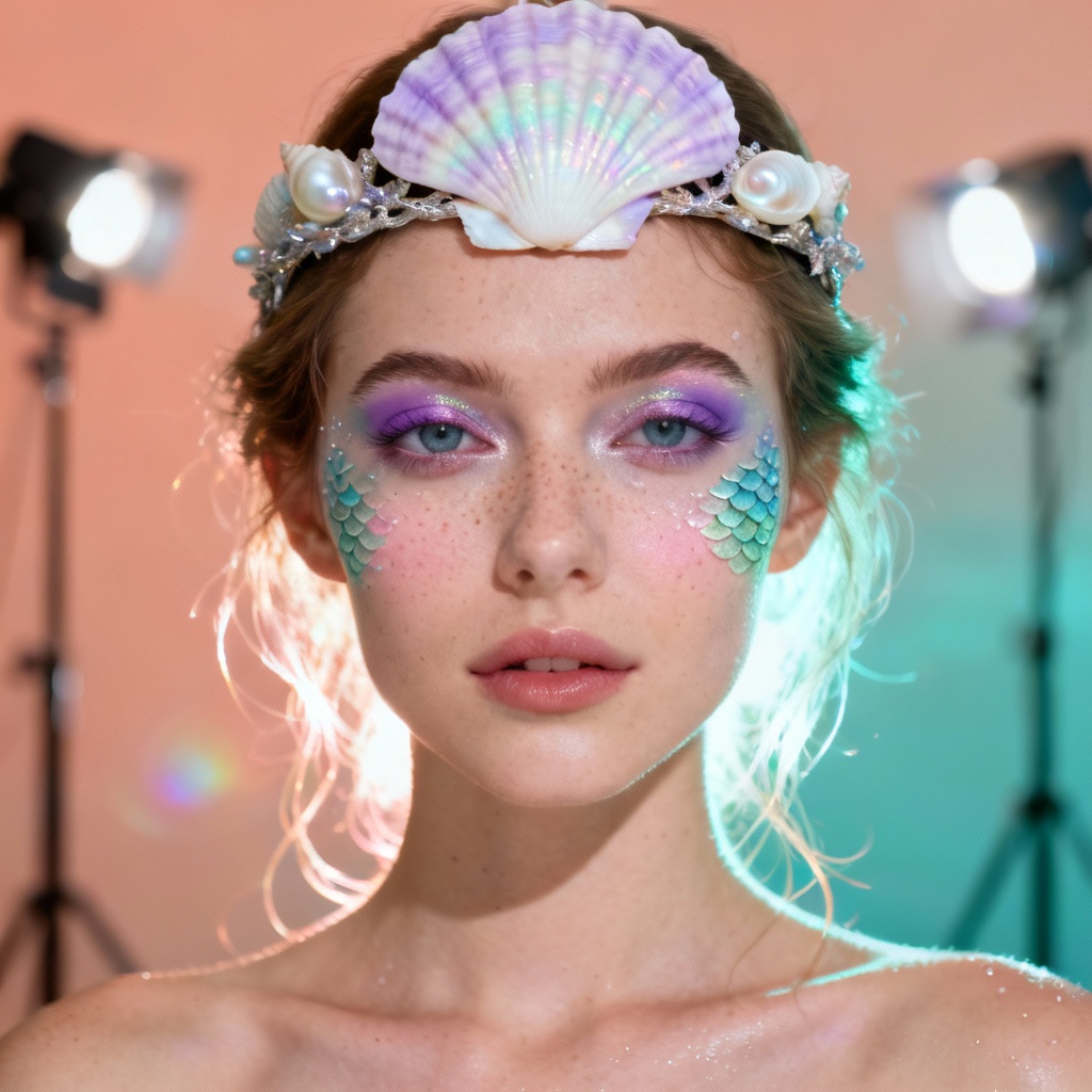 AI mermaid face filter with seashell tiara and pastel makeup