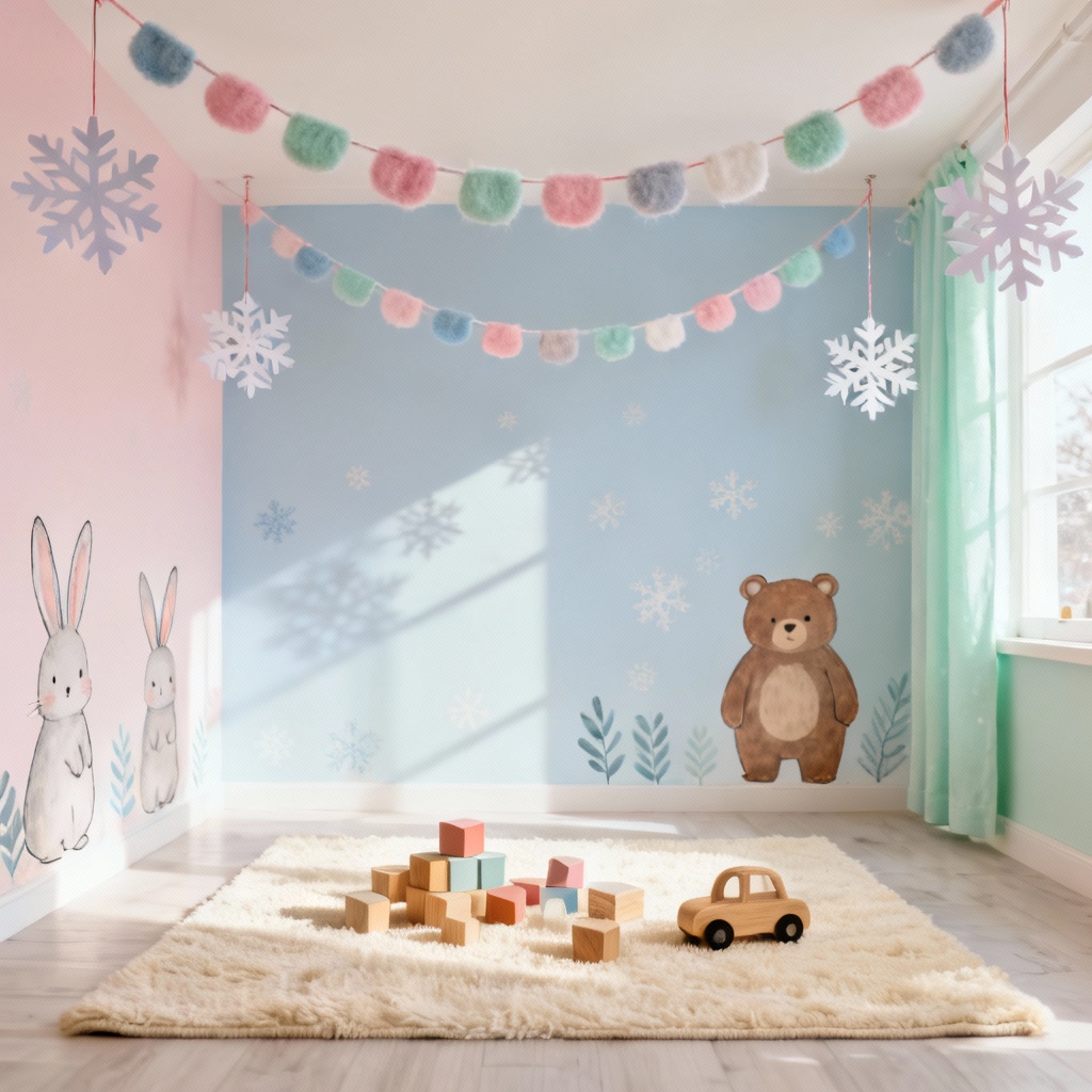 AI Whimsical Kids Holiday Decor with pastel garlands and snowflakes