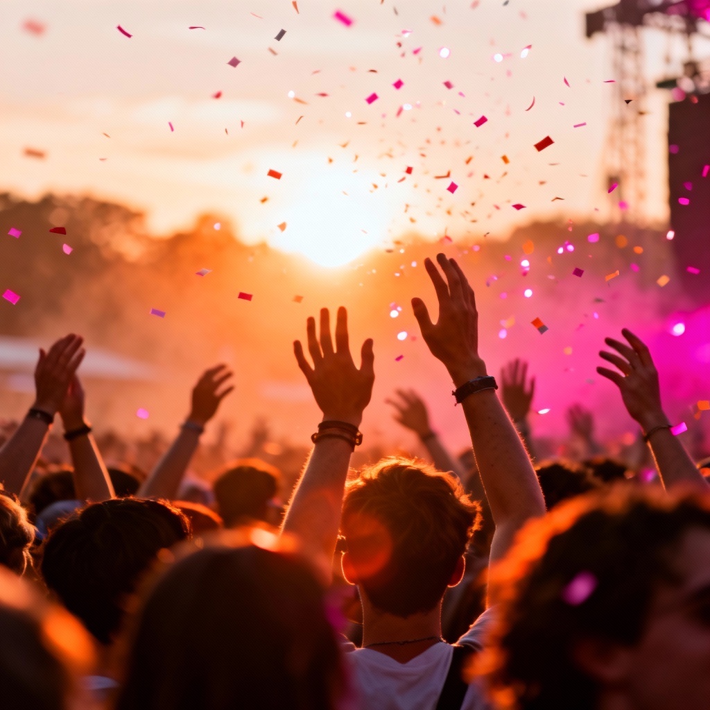 AI summer music festival crowd at golden hour