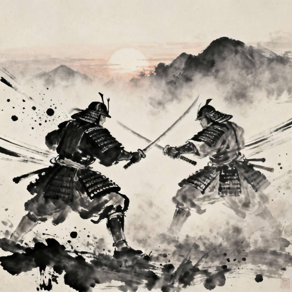 Samurai duel sumi-e ink manga page