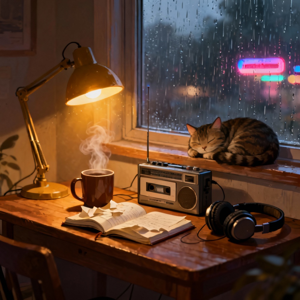AI lofi vibes cozy desk by rainy window with cat and coffee