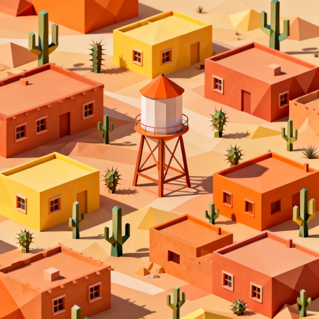 Isometric low-poly desert town with cacti and adobe houses