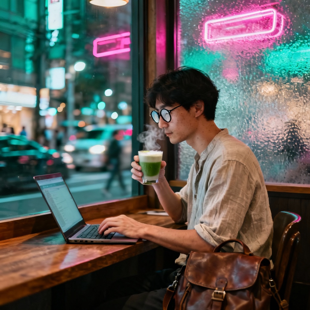 AI digital nomad working in a neon-lit Tokyo cafe