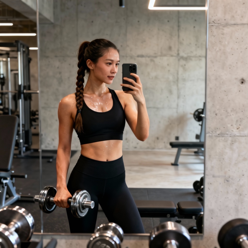AI gym girl mirror selfie pump check