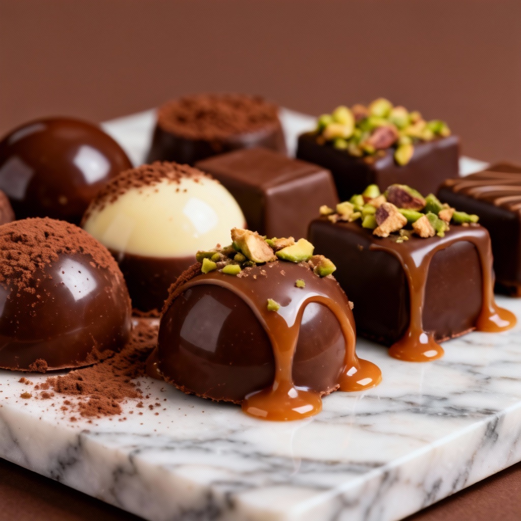 Photoreal macro of assorted artisan chocolates on marble