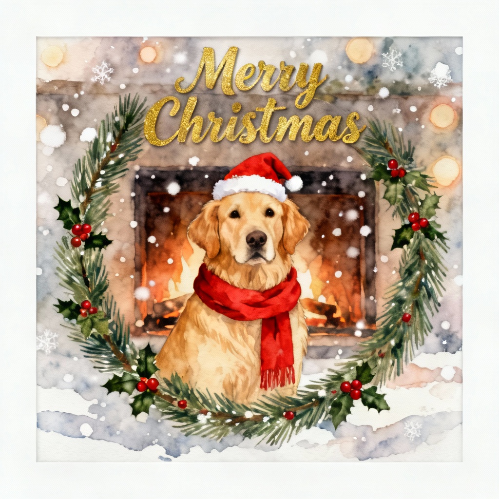 Golden retriever Christmas card with wreath frame and Merry Christmas lettering