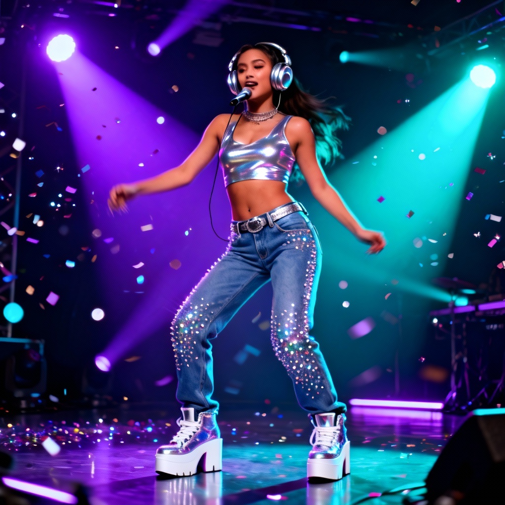 AI Y2K glitter stage popstar with neon lights