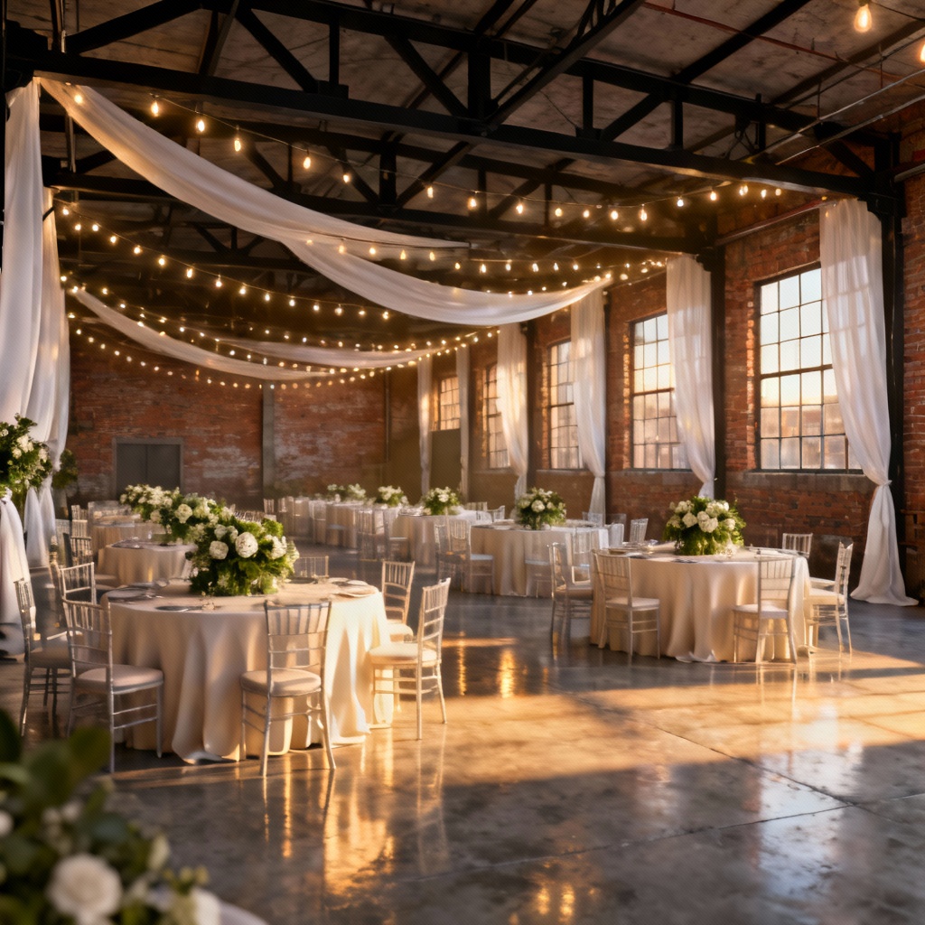 AI industrial loft wedding venue render with banquet seating