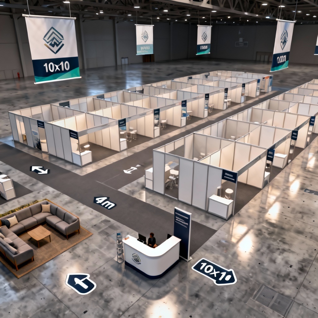 AI expo hall grid with modular booths and clear aisles