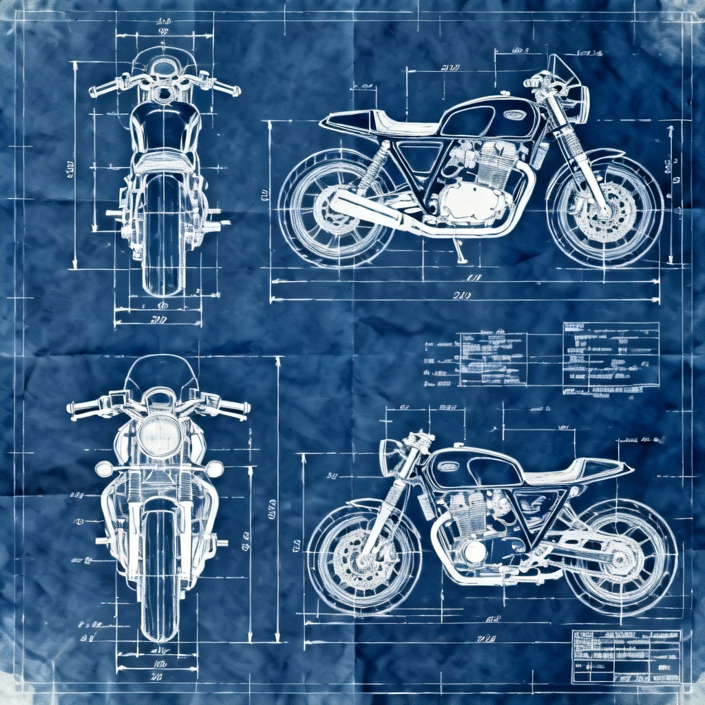 AI motorcycle blueprint with orthographic views