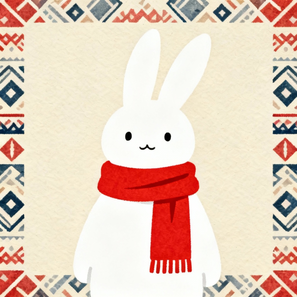 Flat vector bunny in scarf on minimalist holiday card
