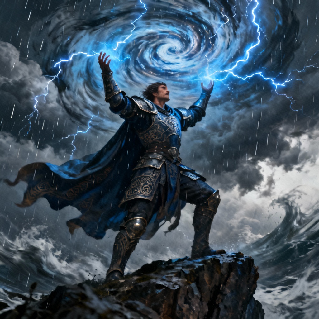 AI superhuman controlling lightning atop a cliff in a storm