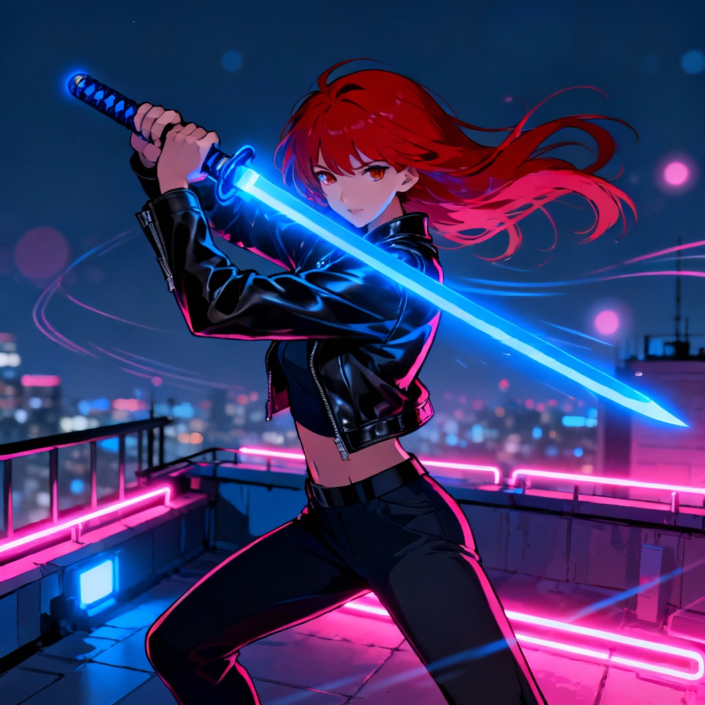 AI anime swordswoman in neon city at night