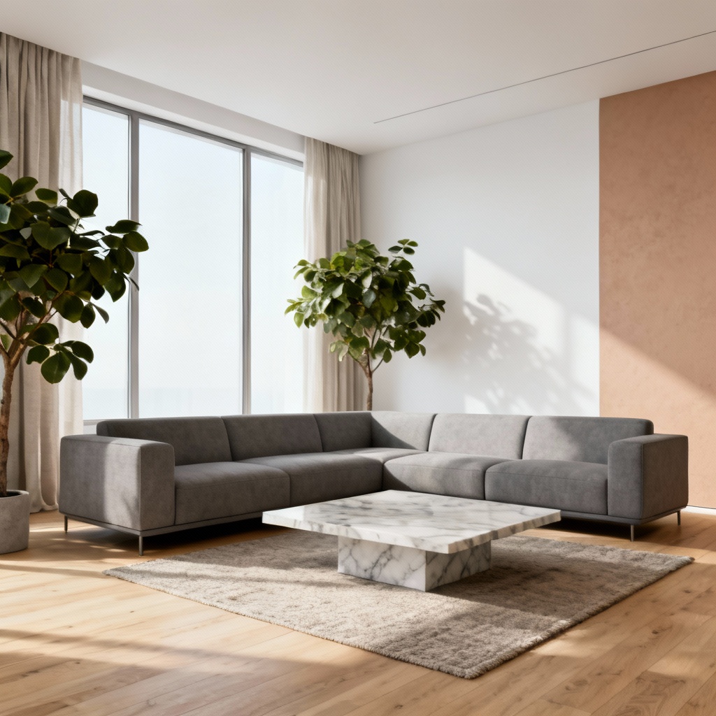 Modern minimalist living space generated by AI with oak floors and gray sofa