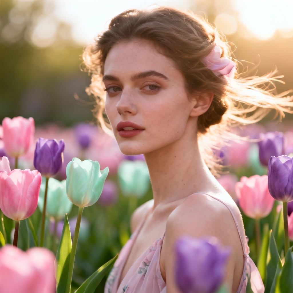 Model portrait in a sunlit tulip garden with soft bokeh