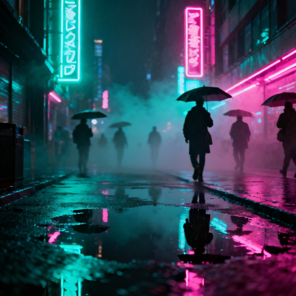 AI-generated neon city street at night with reflections