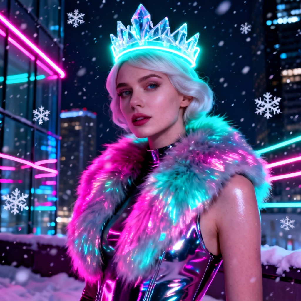 Futuristic Snow Maiden with neon snowfall
