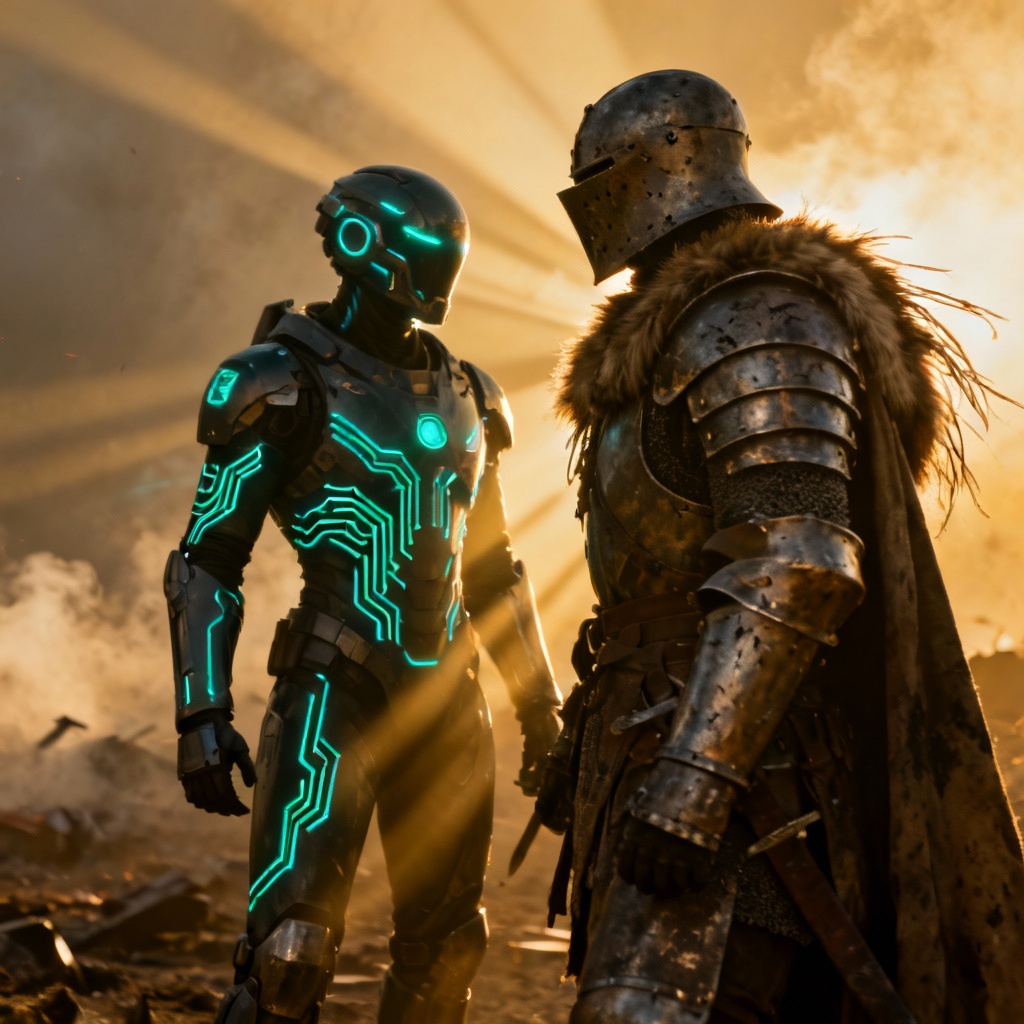 AI battle outfit concept showing sci fi exosuit and medieval armor duo