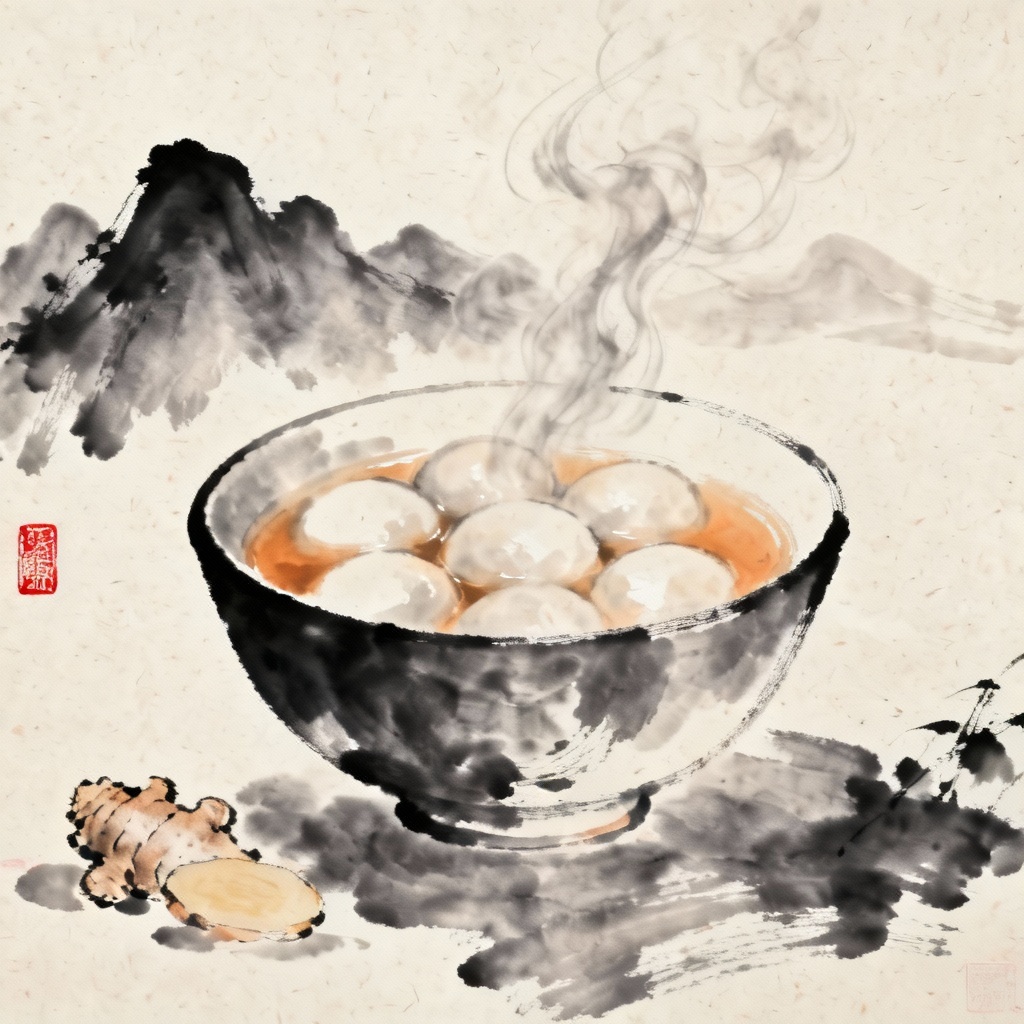 AI sumi-e ink still life featuring tangyuan