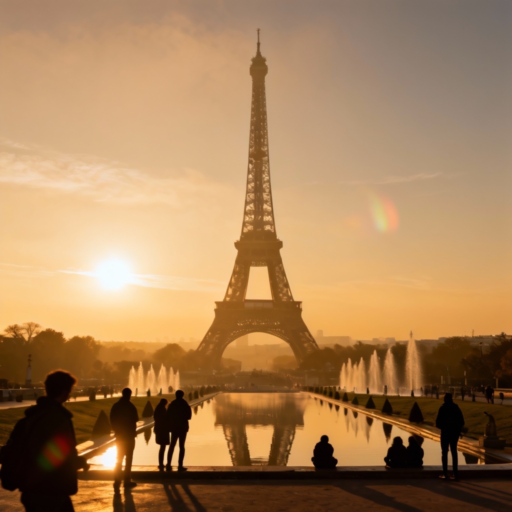 AI Eiffel Tower sunset view from Trocadéro