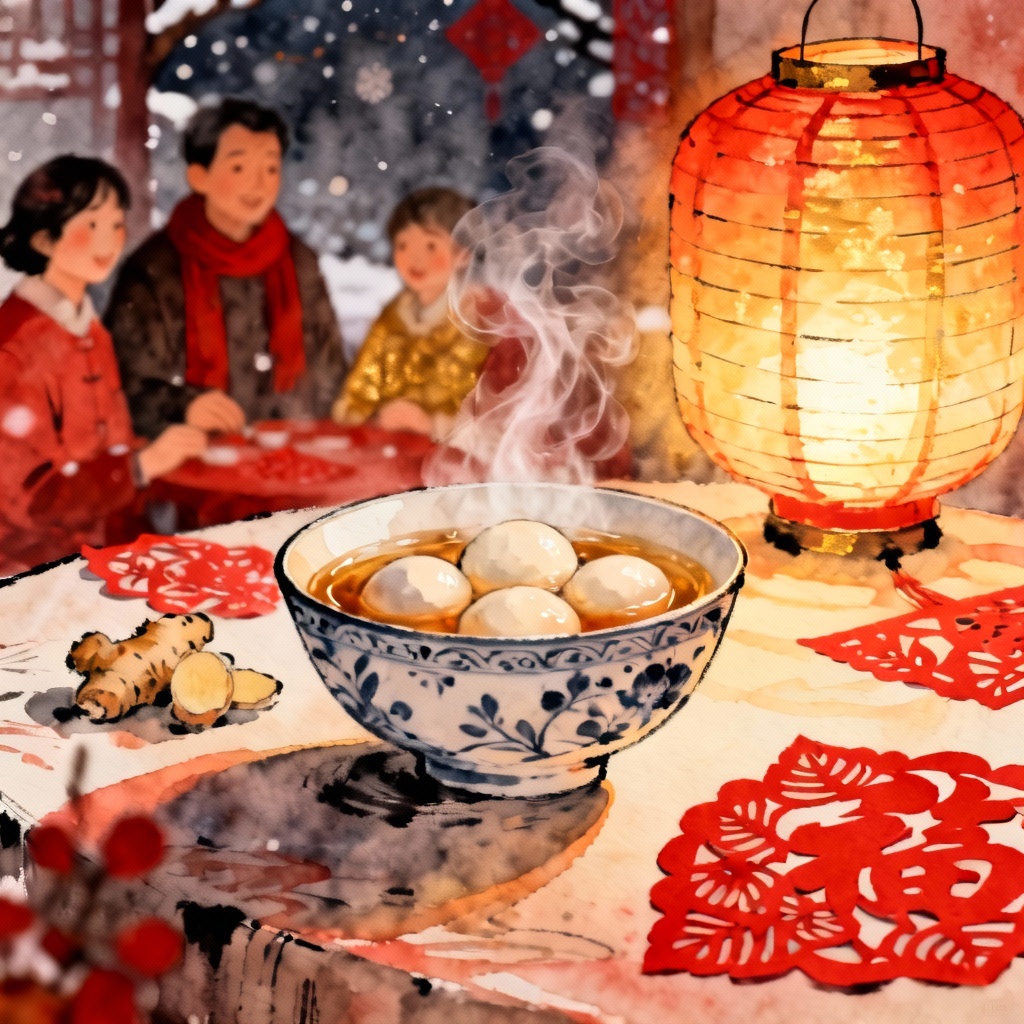 AI Dongzhi tangyuan bowl under red lanterns