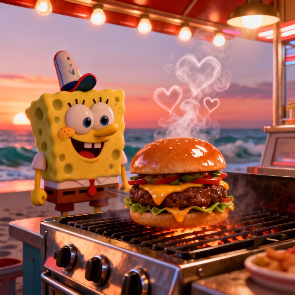 AI SpongeBob-style grill chef cooking a burger
