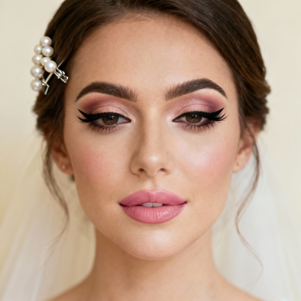 AI bridal makeup look with soft smokey eye and nude lip