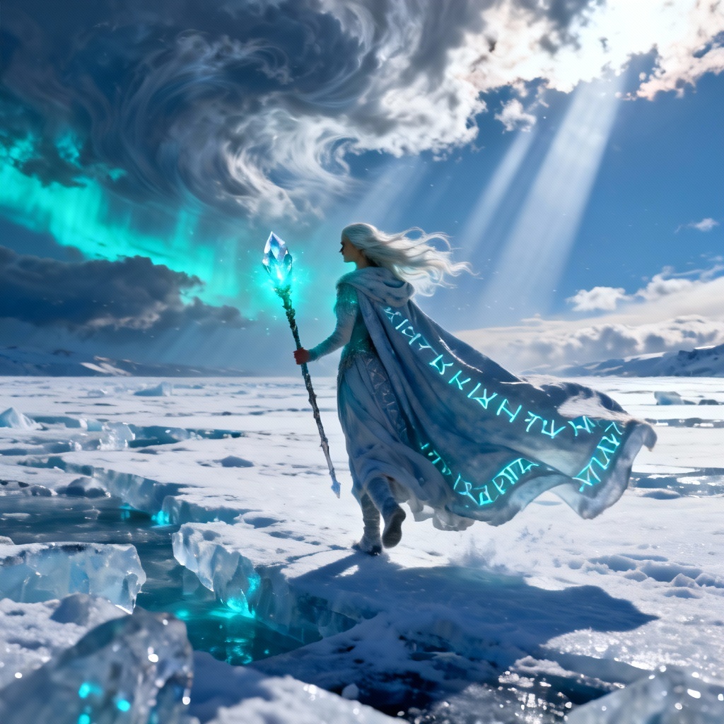 Cinematic fantasy Snow Maiden in icy tundra