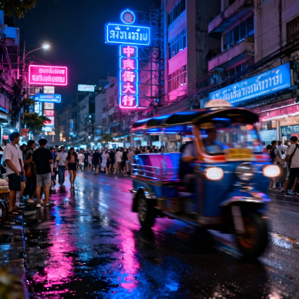 AI Bangkok street with neon signs and a tuk-tuk at night