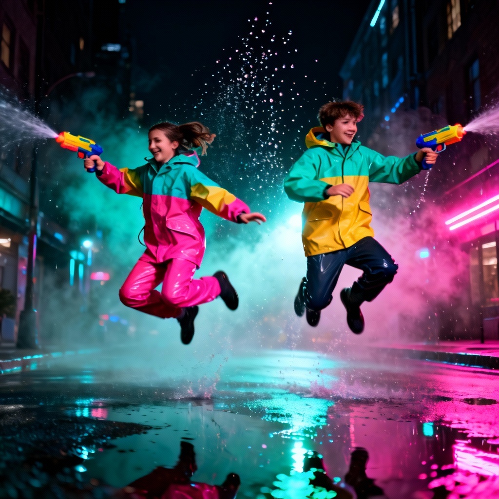 AI water gun battle in neon city at night