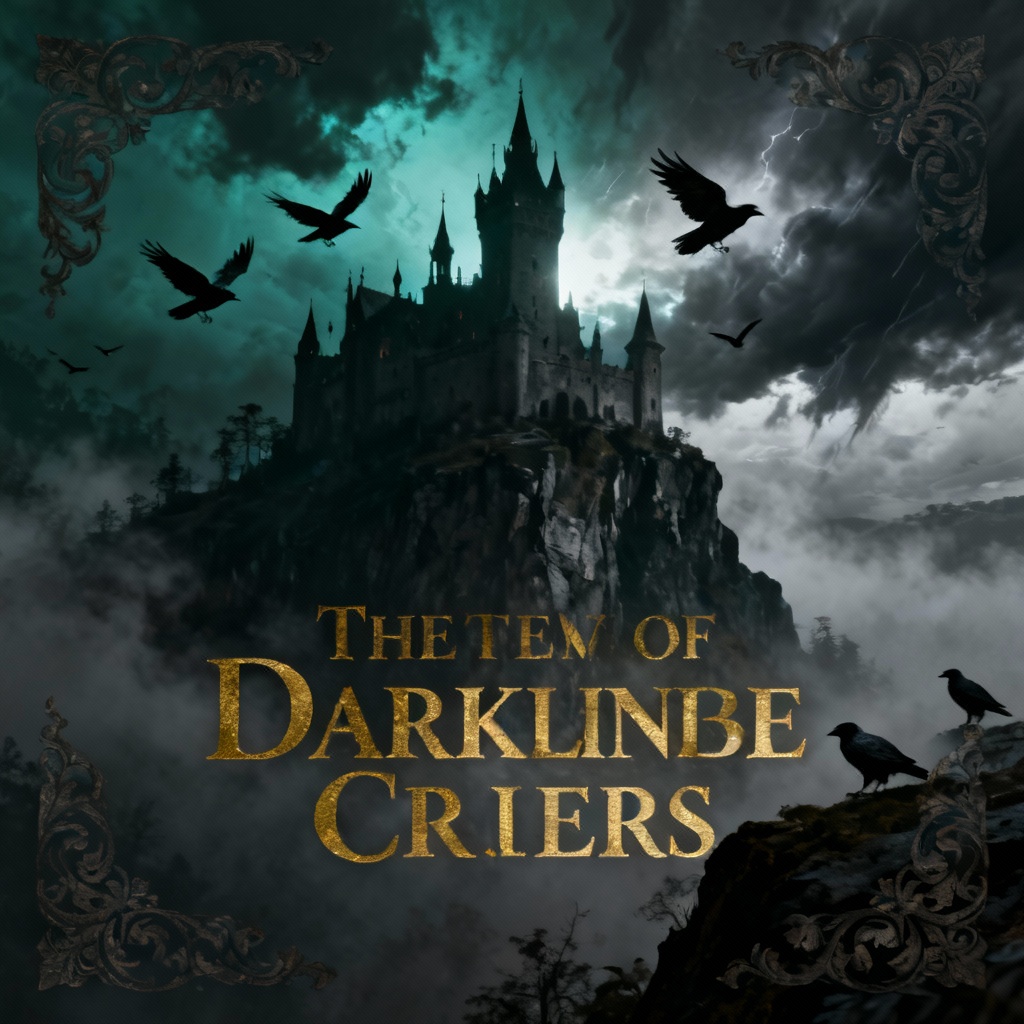 Dark fantasy book cover with castle silhouette and dramatic clouds