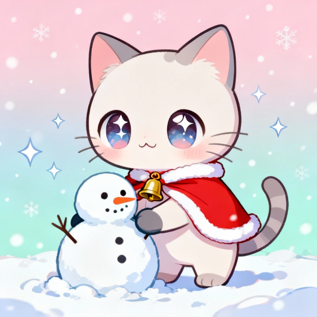 Kawaii anime snowman-building Christmas cat