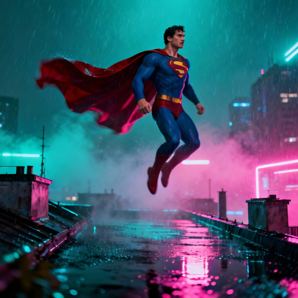 AI cyberpunk Superman-style hero over neon city