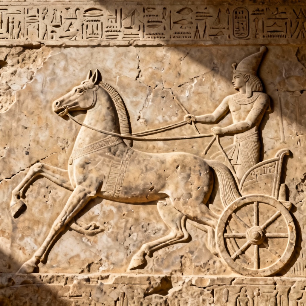 AI bas-relief of warrior on chariot with hieroglyphs