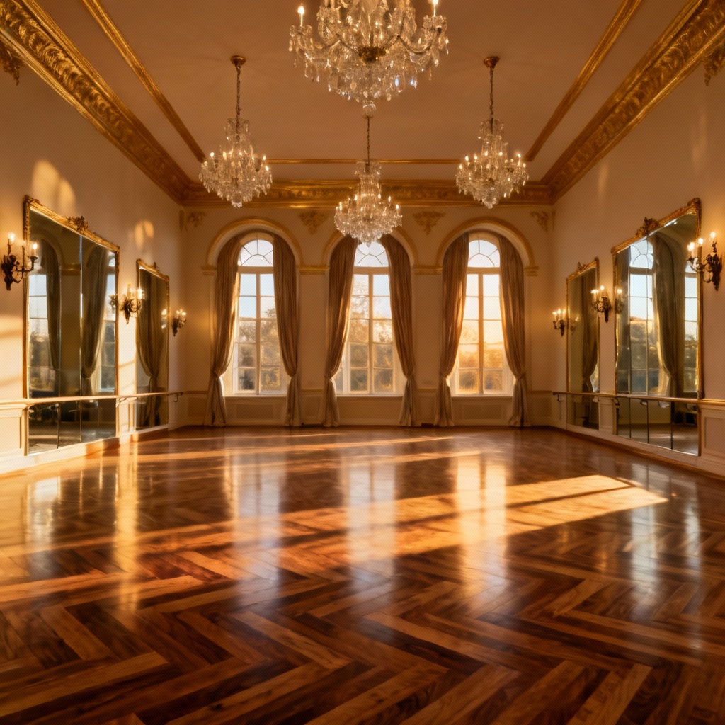 AI render of luxury ballroom style dance studio with chandeliers