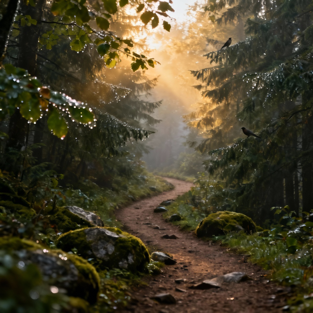 Misty evergreen forest trail with god rays