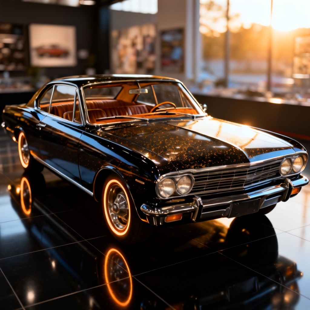 AI classic car image of a 1960s coupe in a sunset showroom