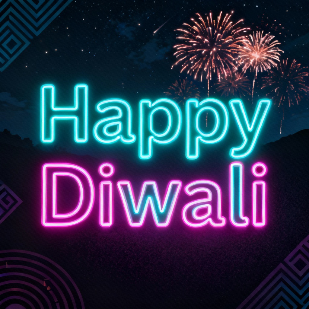 AI Diwali poster with neon typography and fireworks