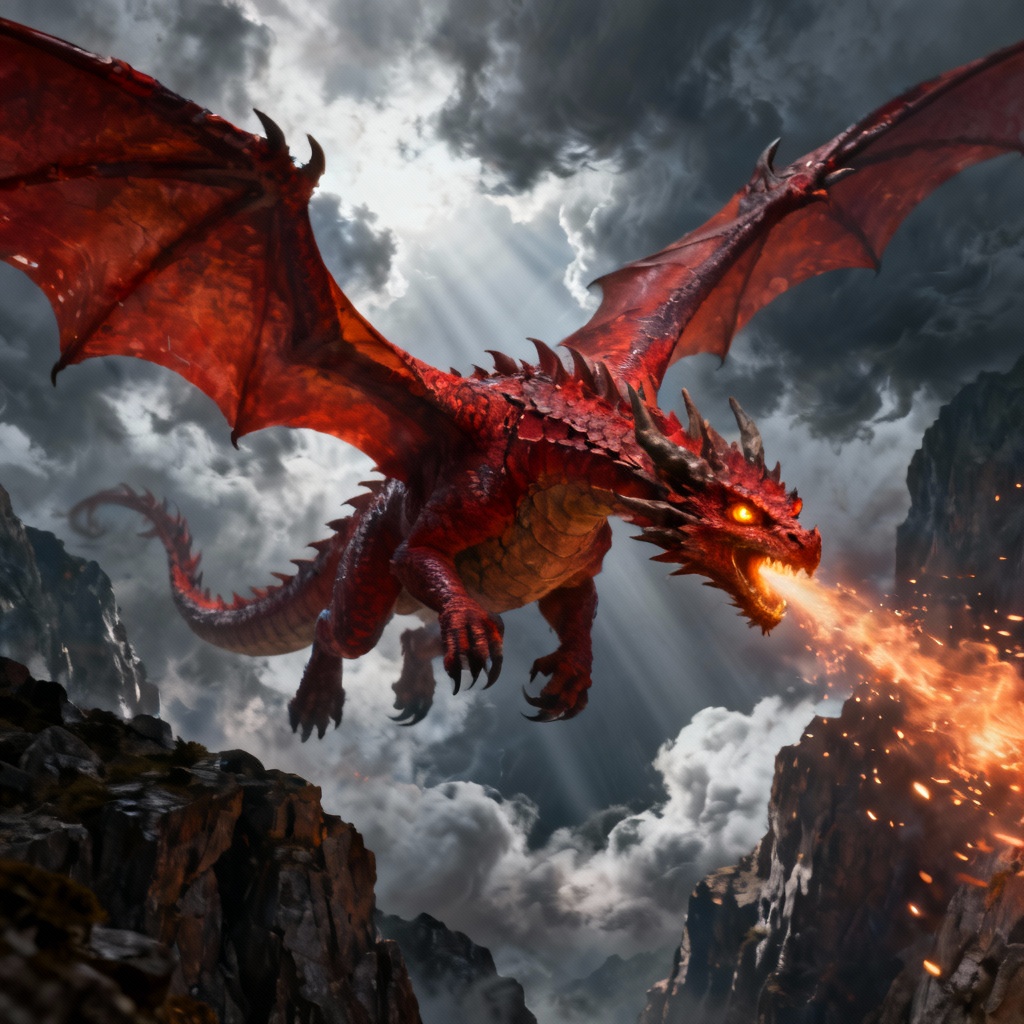AI-generated crimson western dragon flying over cliffs