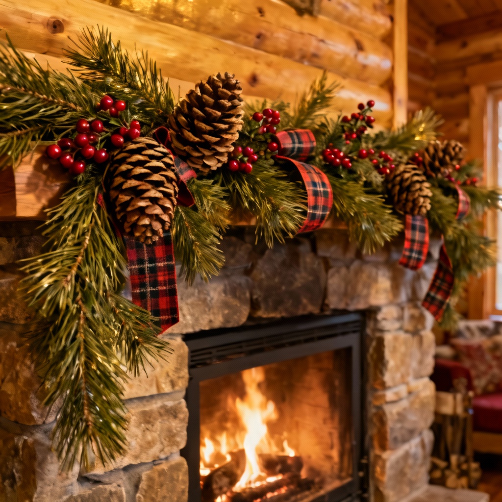 Cozy cabin pine garland with pinecones, cranberries, and plaid ribbon