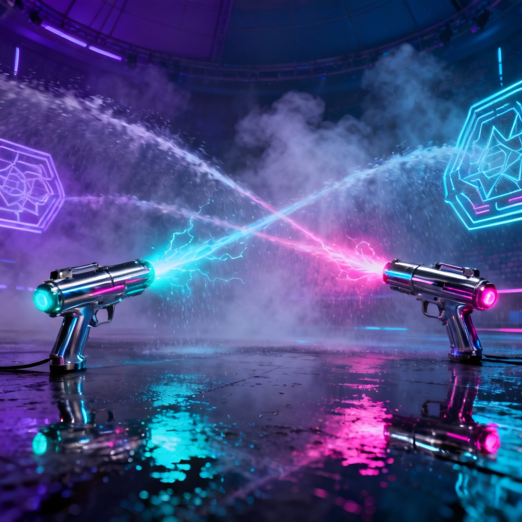 Futuristic cyberpunk water gun arena with neon sprays