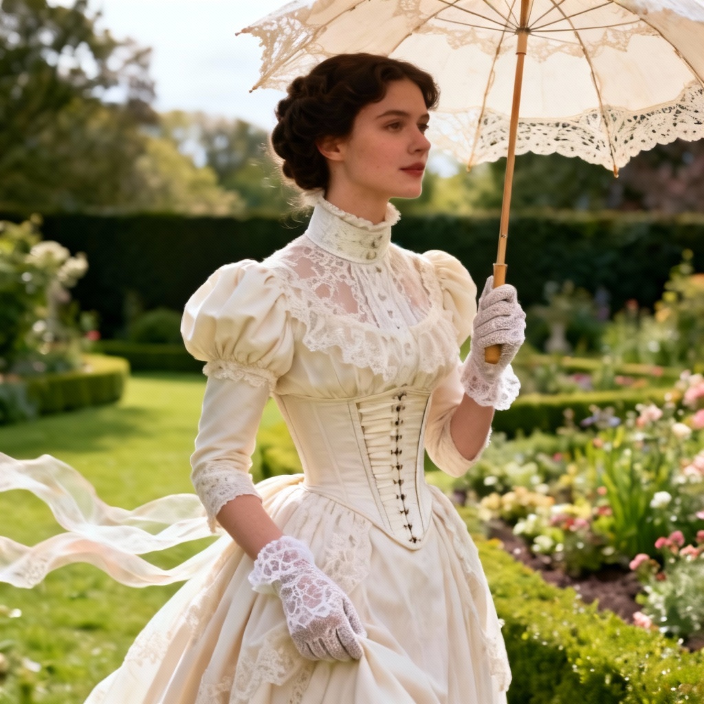 AI Victorian lace tea dress with parasol