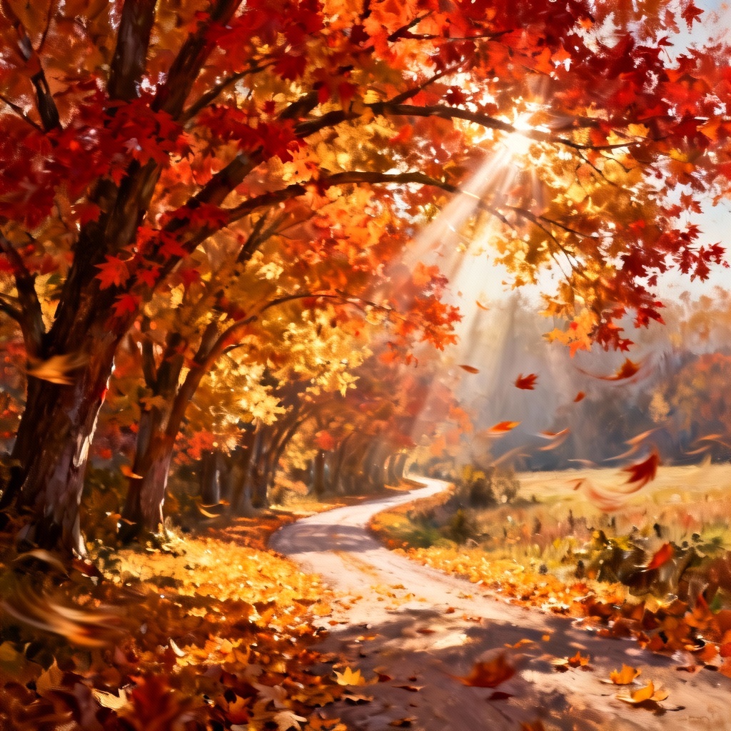 AI countryside lane lined with golden maple trees