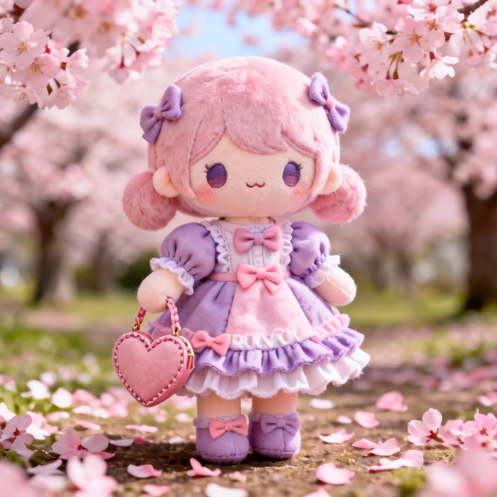 AI doll in a kawaii pastel ruffle dress under cherry blossoms