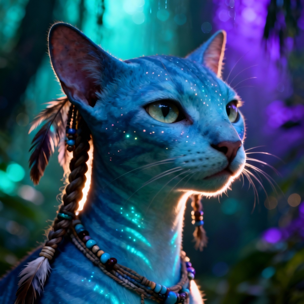 Navi style pet portrait with glowing bioluminescent patterns