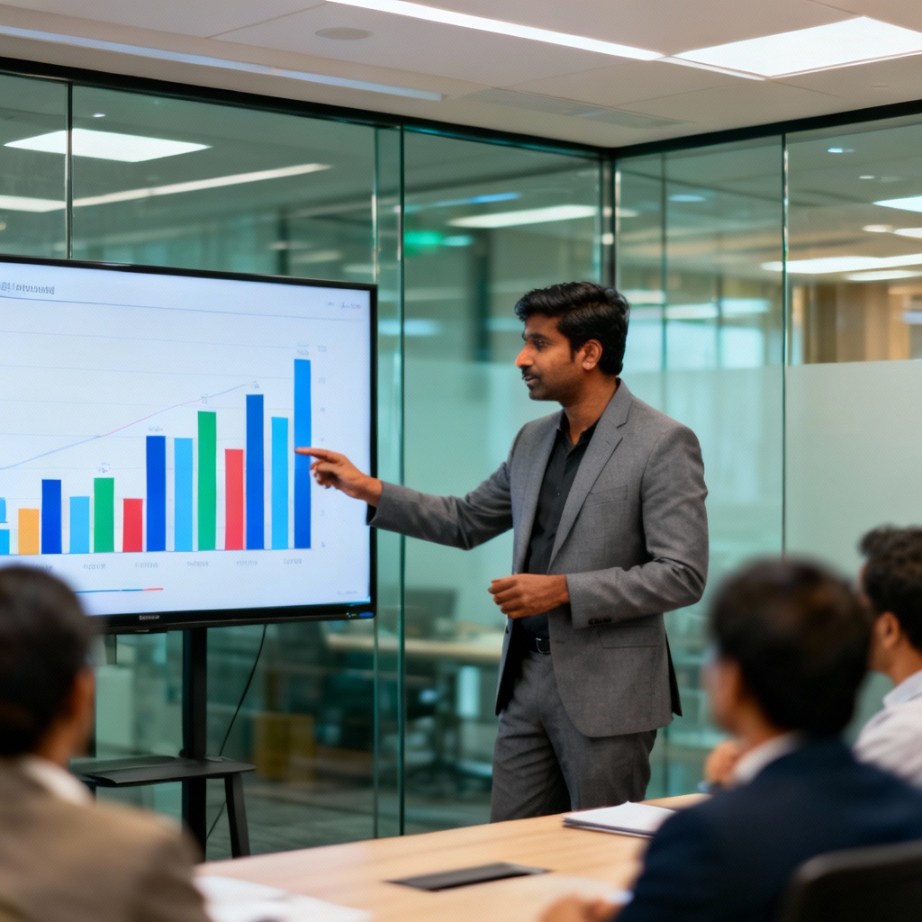 AI salesman presenting charts in meeting room