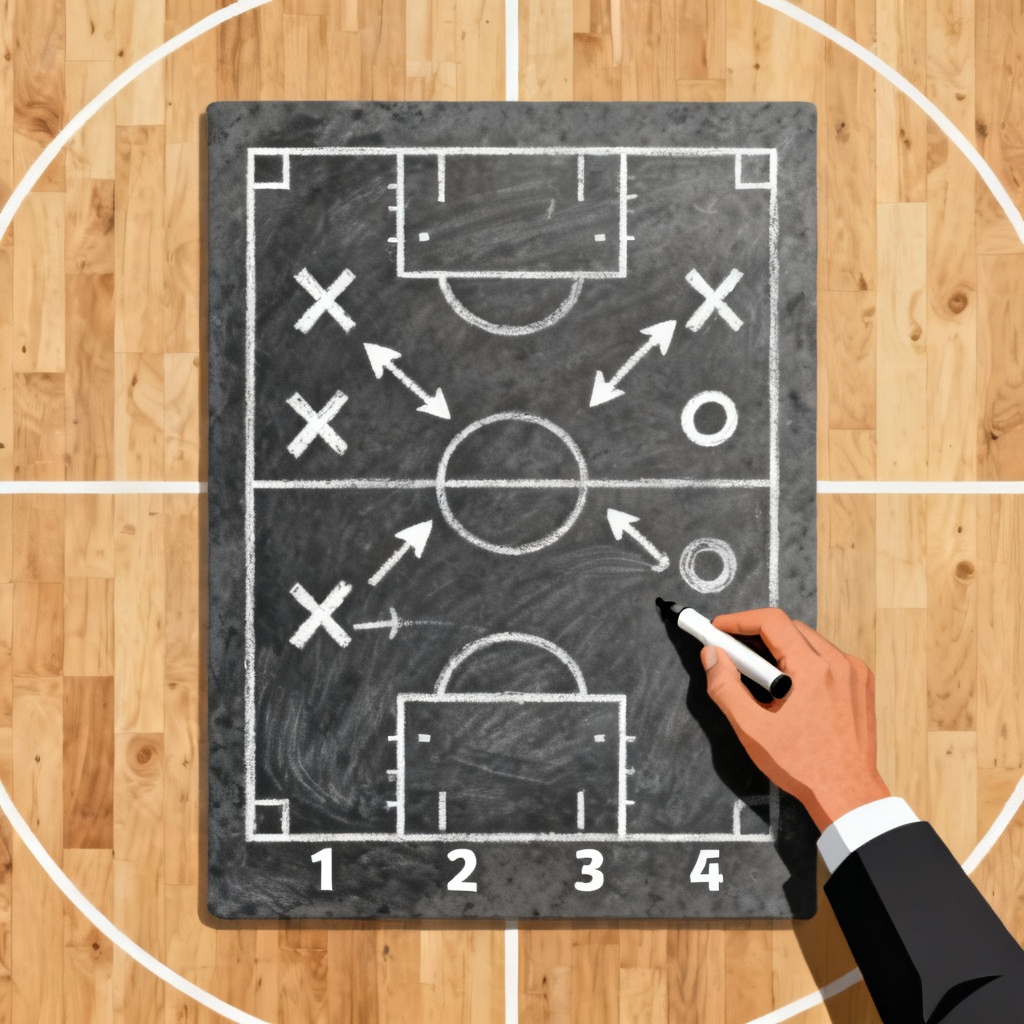 AI basketball playbook with Xs and Os on tactics board